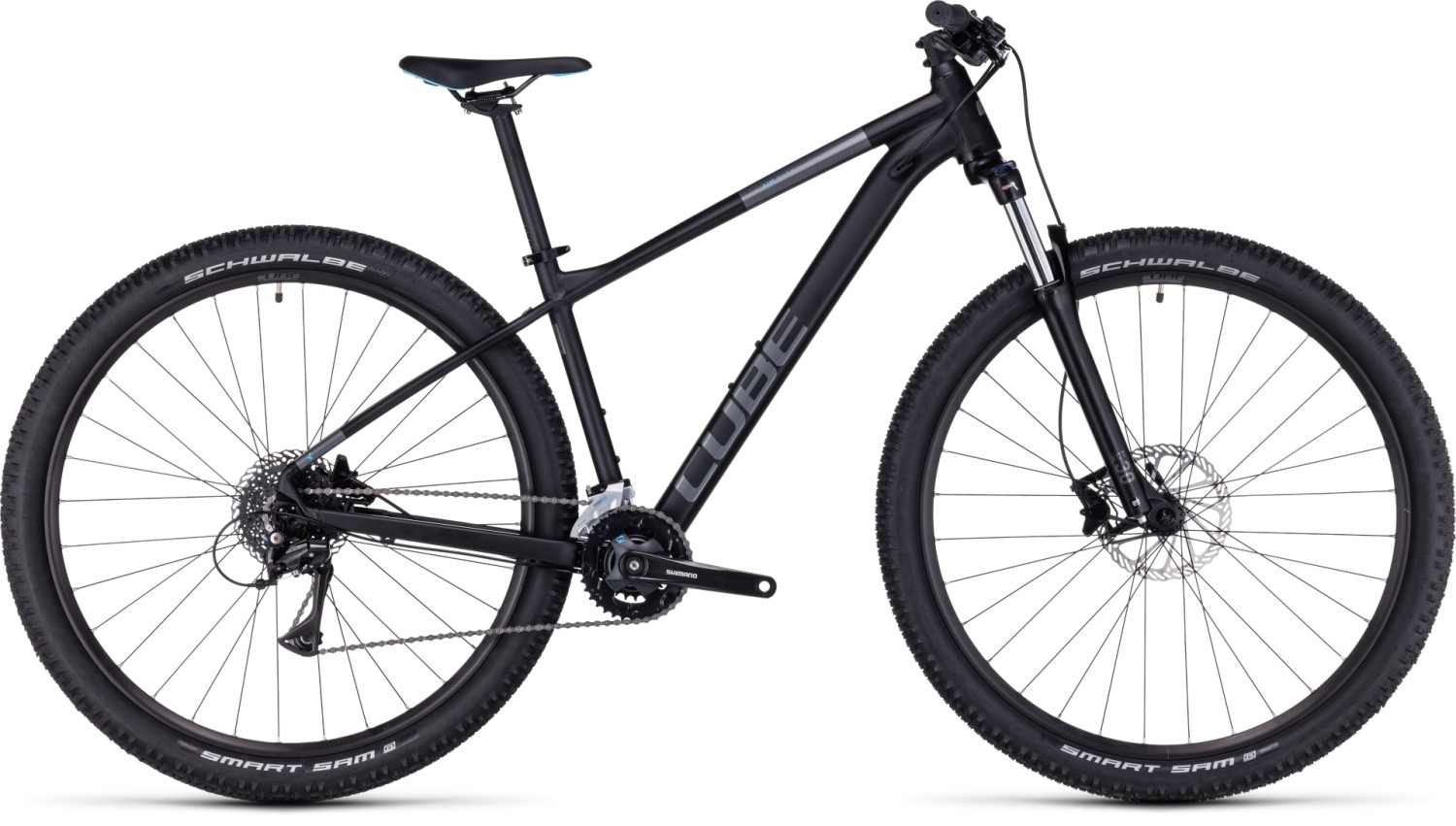 Buy the new Cube Aim Race 2023 Black Azure Mountain Bike with free shipping Freeborn Bikes